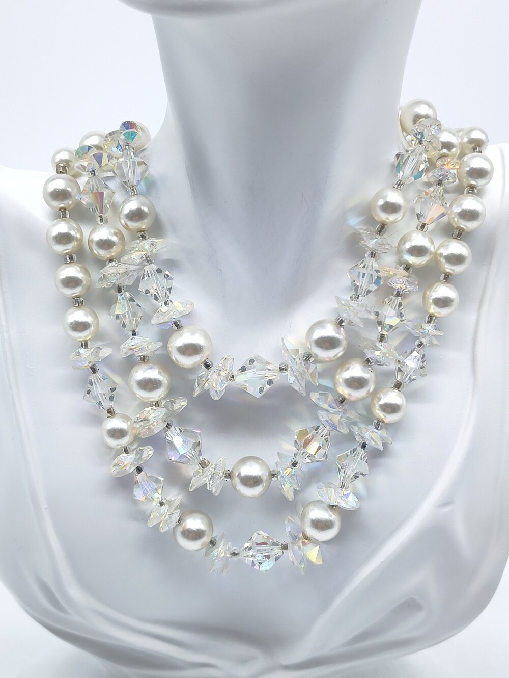 Vintage Crystal And Pearl Triple Strand Statement Necklace
